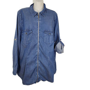 Belle by Kim Gravel Shacket Shirt Large Lyocell Gold Tone Zip Front Med Indigo